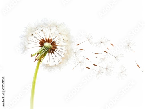 Delicate Dandelion Swirl Floating on White Background