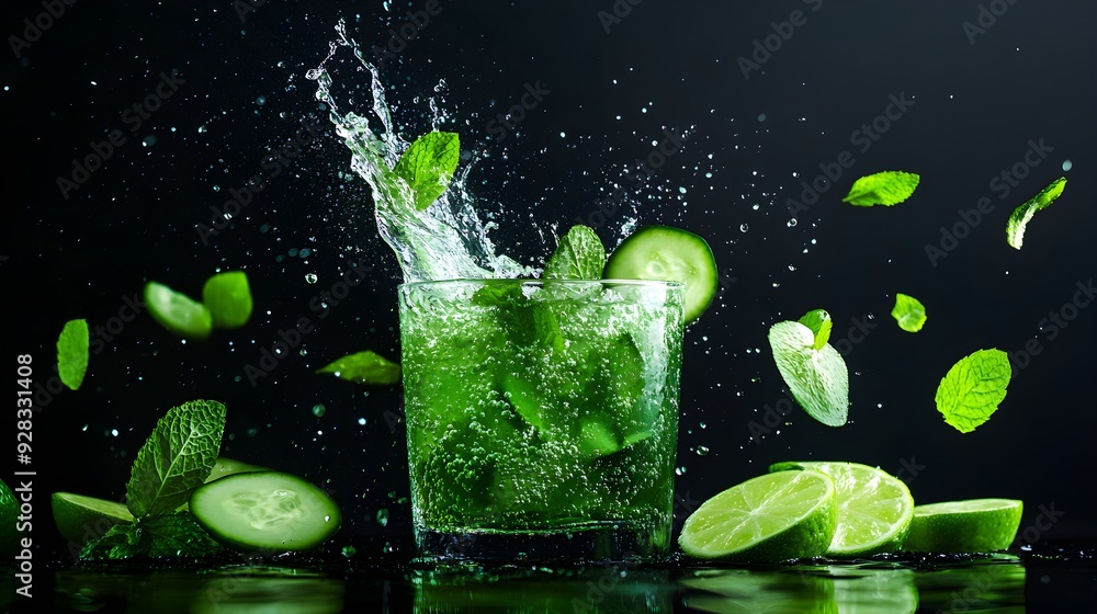Cucumber mint cooler splashing into a glass, surrounded by sparkling water and lime slices, freeze-frame photography style, high-contrast lighting, dynamic composition. Cucumber mint cooler splashing into a glass, surrounded by sparkling water and lime slices, freeze-frame photography style, high-contrast lighting, dynamic composition.