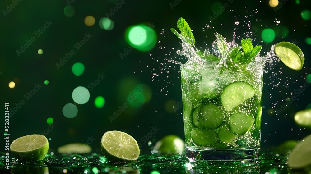 Cucumber mint cooler splashing into a glass, surrounded by sparkling water and lime slices, freeze-frame photography style, high-contrast lighting, dynamic composition. Cucumber mint cooler splashing into a glass, surrounded by sparkling water and lime slices, freeze-frame photography style, high-contrast lighting, dynamic composition.