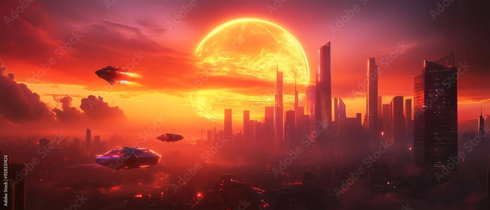 A futuristic cityscape at sunset, with flying vehicles and a glowing sun casting vibrant colors across the skyline. A futuristic cityscape at sunset, with flying vehicles and a glowing sun casting vibrant colors across the skyline.