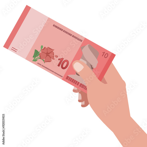 Hand holding and show the Malaysia banknotes of ten Ringgit RM10, sample flat design illustration of Malaysia currency Ringgit Malaysia cash paper money. photo