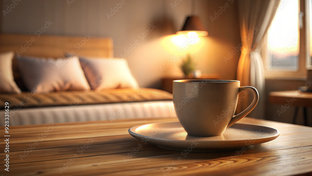 Ceramic Coffee Cup on Plate in Cozy Bedroom with Warm Evening Light Ceramic Coffee Cup on Plate in Cozy Bedroom with Warm Evening Light