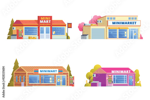 Vector element of store building, minimarket, mart and supermarket flat design style for city illustration