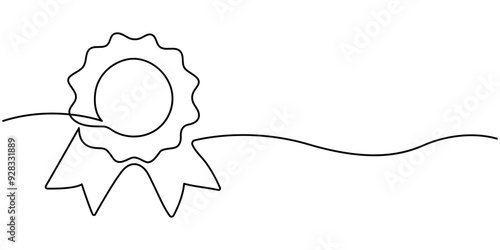 Award Ribbon Continuous Line Icon, Quality and compliance, award to winner, continuous one art line drawing. Assurance sign, premium level, product warranty. Rosette ribbon with tick. Vector outline