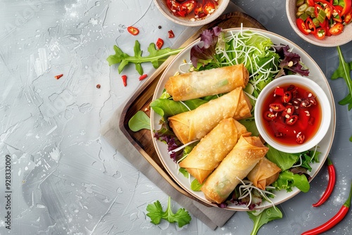 Asian style spring rolls with red and white sauces presented on a wooden tray with a salad on a textured background Top down view Asian cuisine Photo in s photo