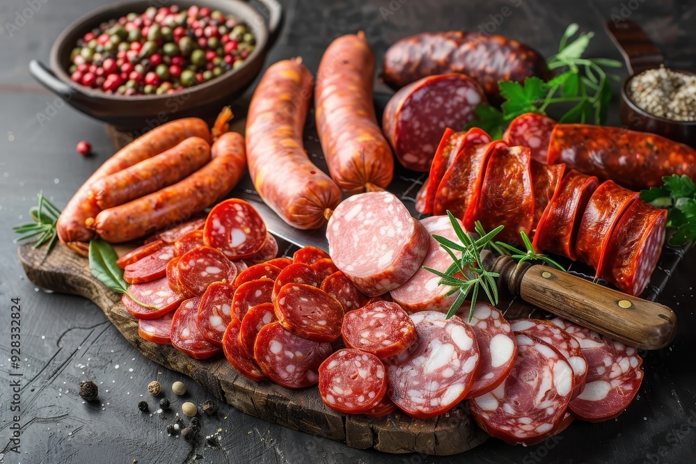 Assorted Spanish chorizo and sausages with a slicer Assorted Spanish chorizo and sausages with a slicer