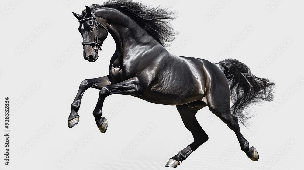 Isolated black horse rearing up on its hind legs against a clear backdrop Isolated black horse rearing up on its hind legs against a clear backdrop