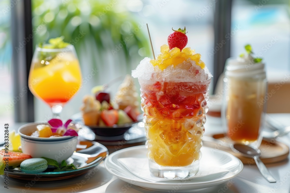 Assorted menu items at the cafe desserts shaved ice tea and juice Assorted menu items at the cafe desserts shaved ice tea and juice