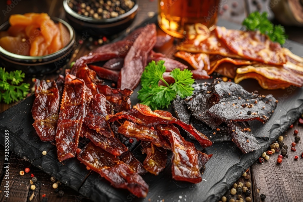 Assortment of jerky meats chicken beef pork Perfect with beer Assortment of jerky meats chicken beef pork Perfect with beer
