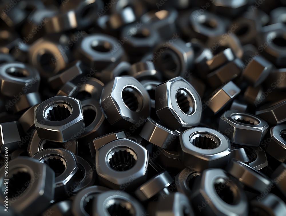3D render of industrial nuts and washers, high detail 3D render of industrial nuts and washers, high detail