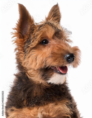 笑顔のレークランド・テリアの子犬のポートレート（Portrait of a smiling Lakeland Terrier puppy on white background）
 photo