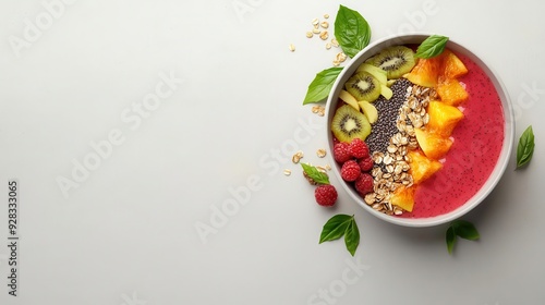 Organic smoothie bowl, colorful fruits and seeds, 3D illustration