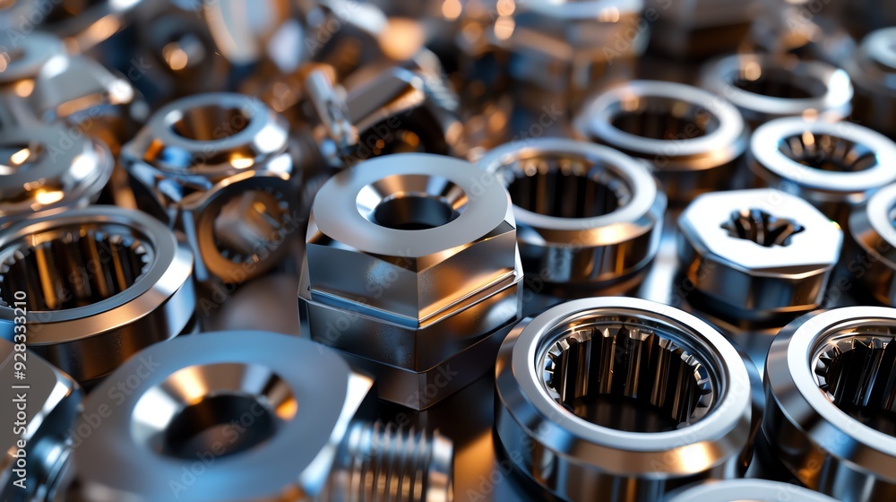 3D render of industrial nuts and washers, high detail 3D render of industrial nuts and washers, high detail