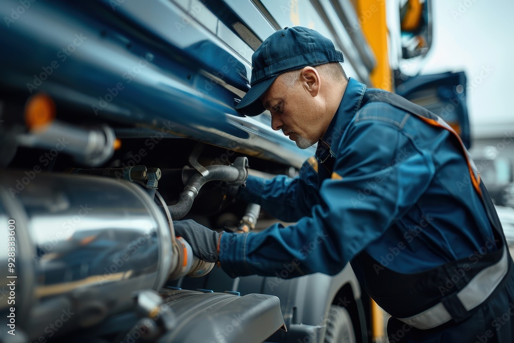 Auto mechanic checking semi truck s fuel tank at service shop Diesel truck maintenance Truck inspection for safe driving Auto mechanic checking semi truck s fuel tank at service shop Diesel truck maintenance Truck inspection for safe driving