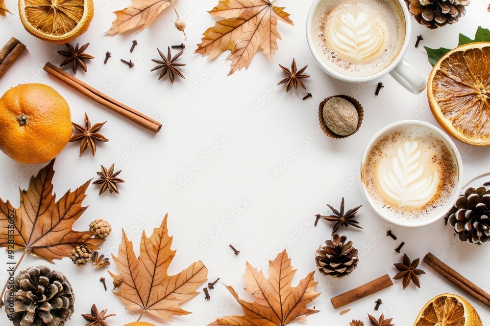 Fototapeta premium Autumn arrangement on white background Flat lay with fall items