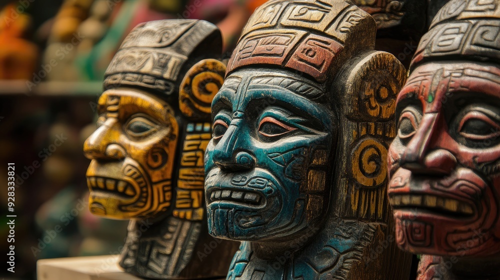 Colorful carved wooden faces with intricate designs Colorful carved wooden faces with intricate designs