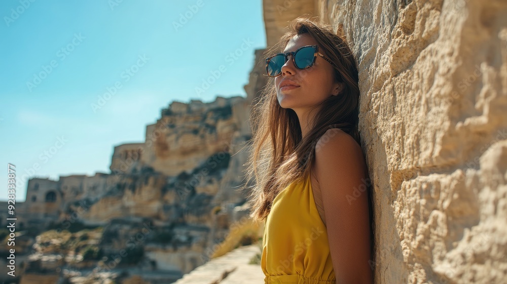 Woman in yellow dress enjoying sunny day by historic stone buildings Woman in yellow dress enjoying sunny day by historic stone buildings