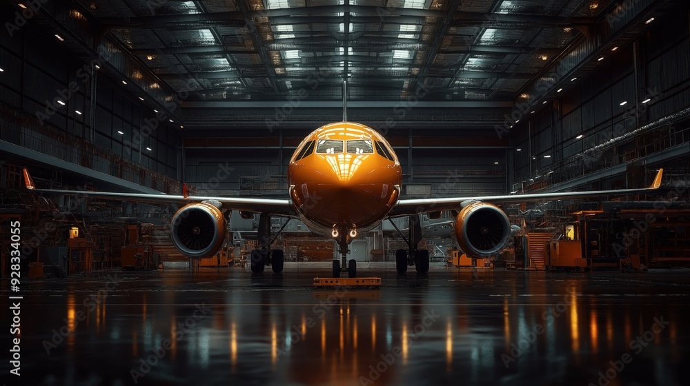 Front view of a commercial airplane inside a spacious, well-lit aircraft hangar, surrounded by equipment and tools. Front view of a commercial airplane inside a spacious, well-lit aircraft hangar, surrounded by equipment and tools.
