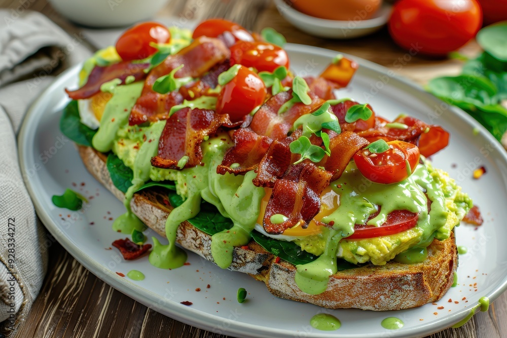 Avocado and tomato sauce on egg benedict with bacon spinach on white plate old wood background breakfast Avocado and tomato sauce on egg benedict with bacon spinach on white plate old wood background breakfast