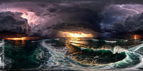 Full 360 degrees seamless spherical panorama HDRI equirectangular projection of A tempestuous stormy sea. Texture environment map for lighting and reflection source rendering 3d scenes.	
