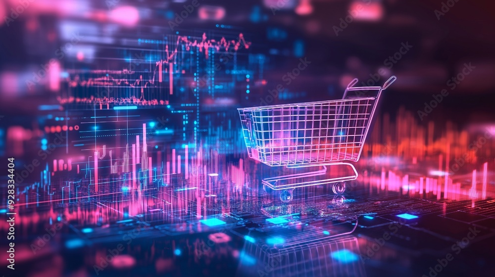 Measures of E-commerce Online retail analytics with a futuristic backdrop. Charts, graphs, and dynamic data visualization providing insights into the performance and trends of digital commerce Measures of E-commerce Online retail analytics with a futuristic backdrop. Charts, graphs, and dynamic data visualization providing insights into the performance and trends of digital commerce