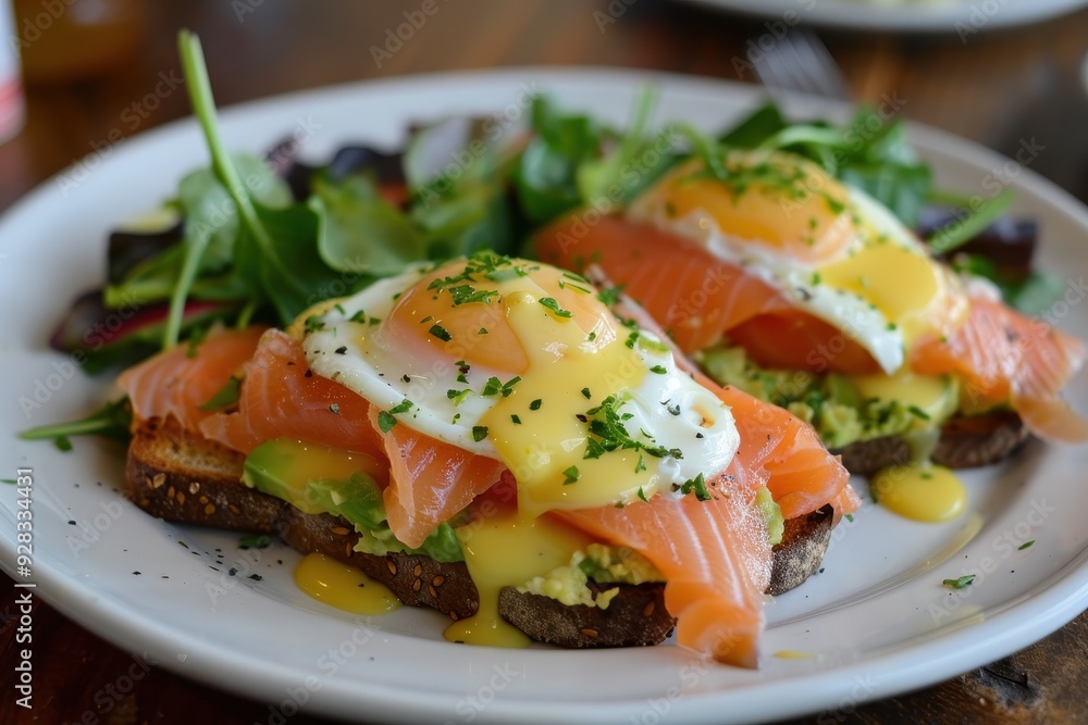 Avocado toast with eggs benedict salmon hollandaise sauce greens on plate Avocado toast with eggs benedict salmon hollandaise sauce greens on plate