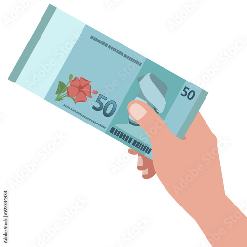Hand holding and show the Malaysia banknotes of fifty Ringgit RM50, sample flat design illustration of Malaysia currency Ringgit Malaysia cash paper money.
