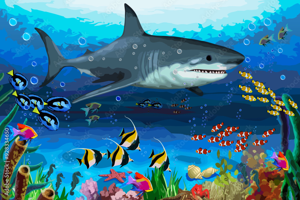 Fototapeta premium Shark and flocks of colorful fish.Vector illustration with a shark and flocks of fish and animals underwater.