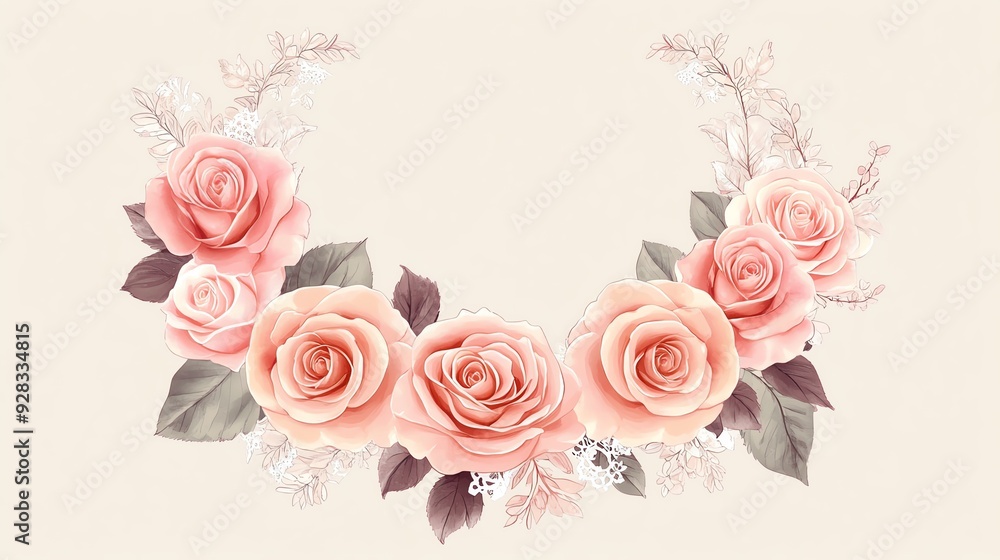 Elegant floral wreath of pink roses and white blossoms, perfect for invitations and cards. Elegant floral wreath of pink roses and white blossoms, perfect for invitations and cards.