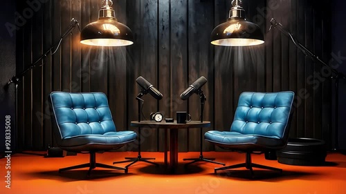 Interior Podcast Setting with Two Blue Armchairs Facing Each Other, Round Table with Microphones and Glasses, Pendant Lights, Red Carpet, and Dark Wood Paneled Wall for Intimate Conversations