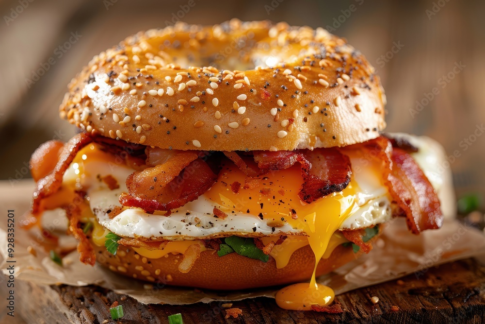 Bagel breakfast sandwich with egg bacon cheese Bagel breakfast sandwich with egg bacon cheese
