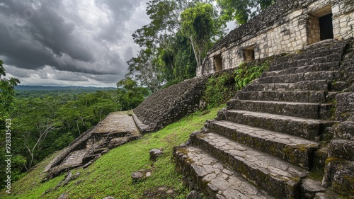 Ancient stone ruins in lush jungle setting with cloudy sky