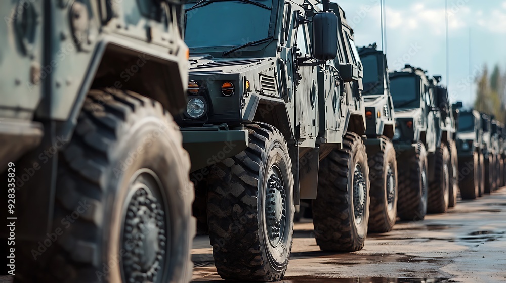 Close-up view of a line of military vehicles with large tires and a military green paint job. The vehicles are lined up in a row and the wheels are close to the camera, Close-up view of a line of military vehicles with large tires and a military green paint job. The vehicles are lined up in a row and the wheels are close to the camera,