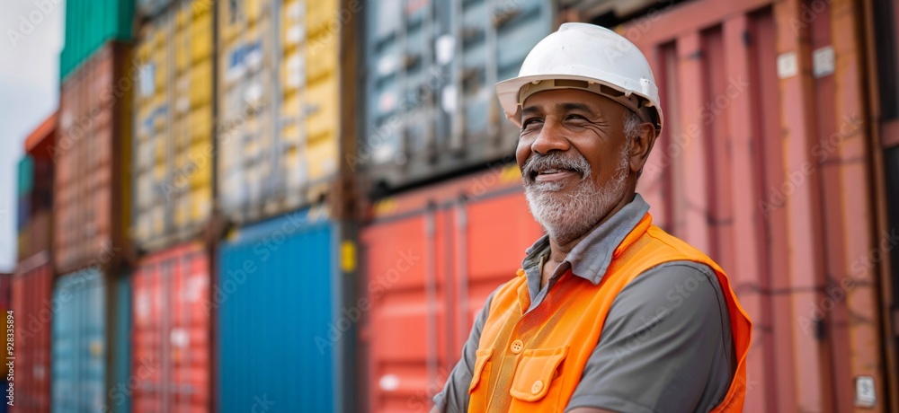 Indian worker standing in front of stacked shipping containers. Container terminal - freight shipping background. International trade banner. Import export concept. Indian worker standing in front of stacked shipping containers. Container terminal - freight shipping background. International trade banner. Import export concept.