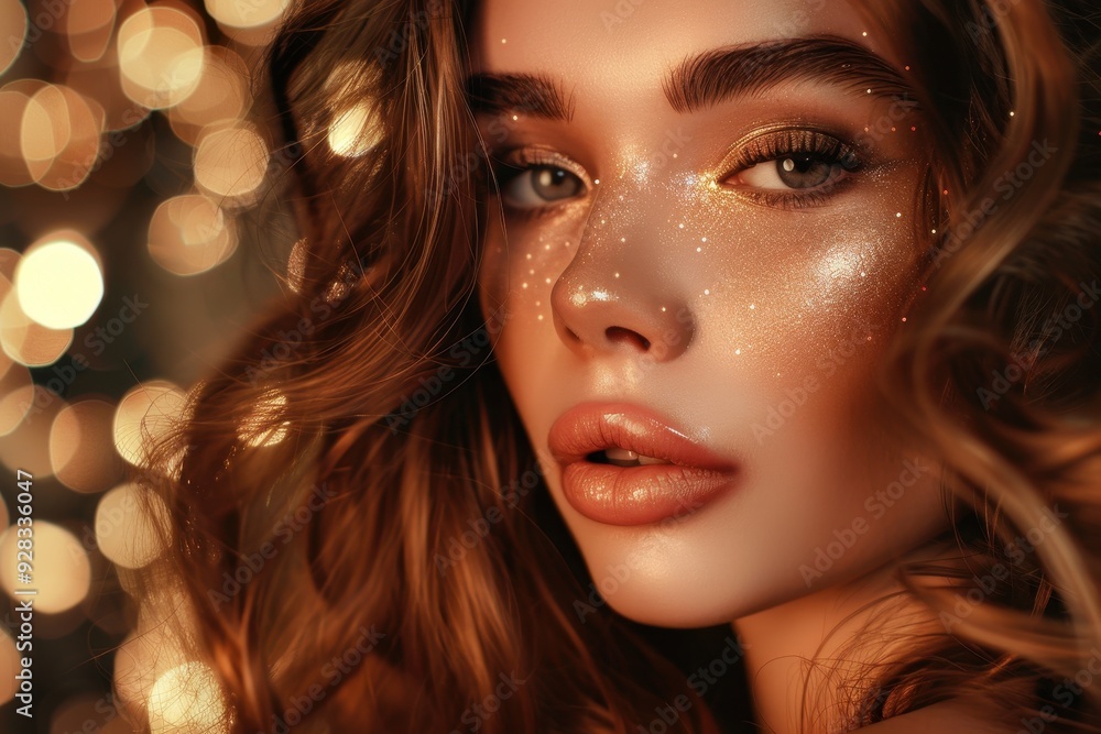 Beautiful girl model with makeup wavy hairstyle shiny skin gloss lips and dark eyebrows in glamour portrait Beautiful girl model with makeup wavy hairstyle shiny skin gloss lips and dark eyebrows in glamour portrait