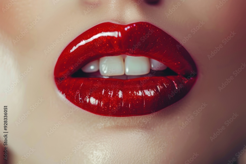Obraz premium Beautiful red lips with makeup details close up and sensual Lipstick or lip gloss