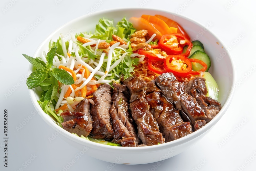Beef Bo bun with side salad pork ribs and herbs on white background Beef Bo bun with side salad pork ribs and herbs on white background