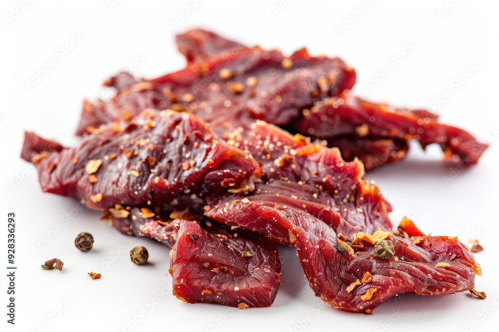 Beef jerky chunks with spices on white backdrop isolated Beef jerky chunks with spices on white backdrop isolated