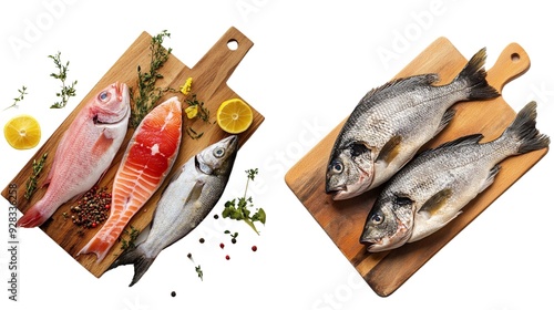 fresh fish on wooden cutting board on white background.