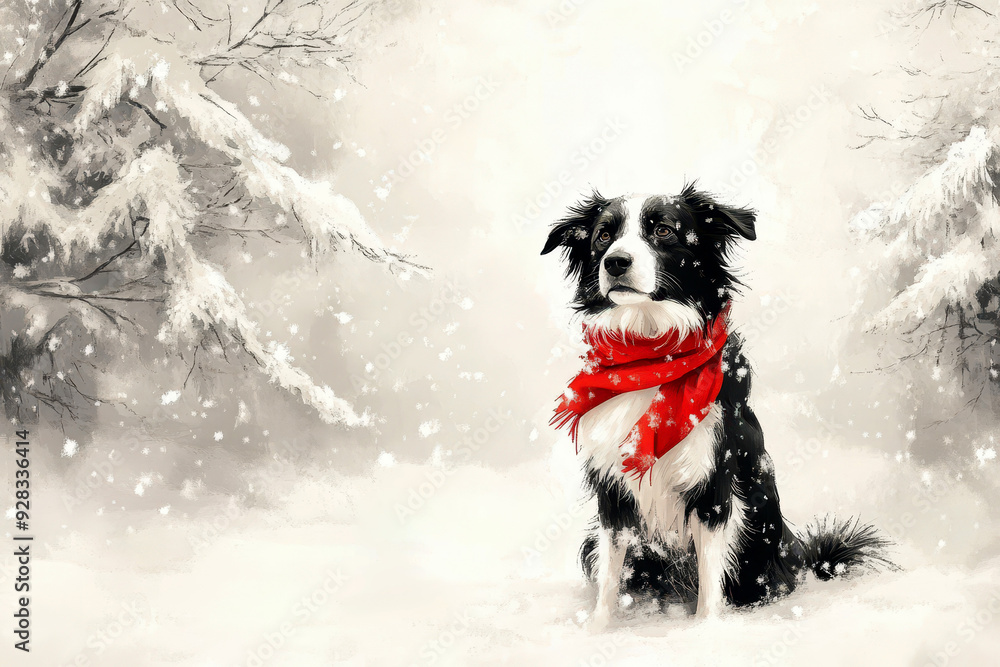 collie dog with red scarf sitting on snow winter. Christmas festival concept. collie dog with red scarf sitting on snow winter. Christmas festival concept.