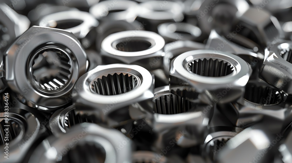 Detailed 3D render of industrial nuts and washers Detailed 3D render of industrial nuts and washers