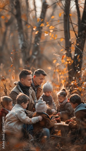 Teacher and students hold outdoor autumn lesson in realistic natural setting with fall foliage