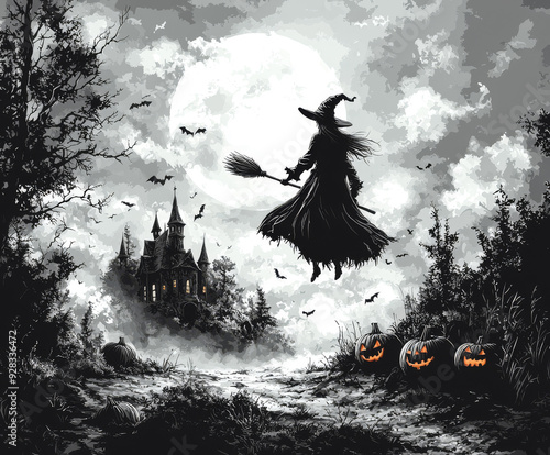 Witch Flying Over a Haunted House Under a Full Moon