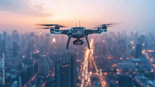 A drone with a camera flies over a cityscape at sunset.