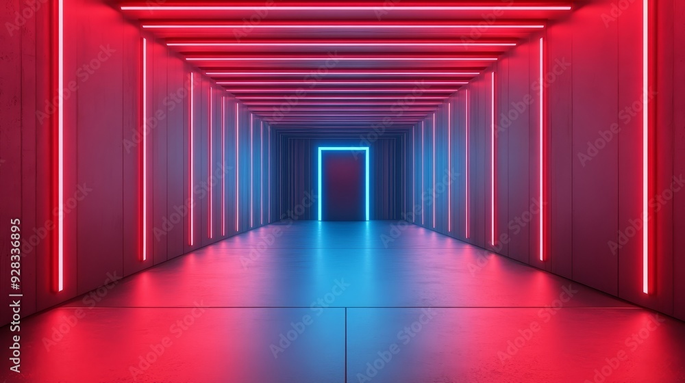 A futuristic hallway illuminated by vibrant red and blue neon lights, creating a mesmerizing and modern atmosphere. A futuristic hallway illuminated by vibrant red and blue neon lights, creating a mesmerizing and modern atmosphere.