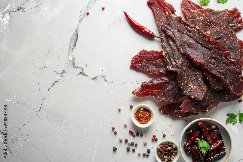 Beef jerky slices and spices on marble table Room for text Beef jerky slices and spices on marble table Room for text