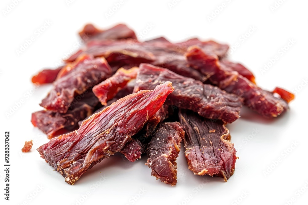 Beef jerky slices on blank background Beef jerky slices on blank background