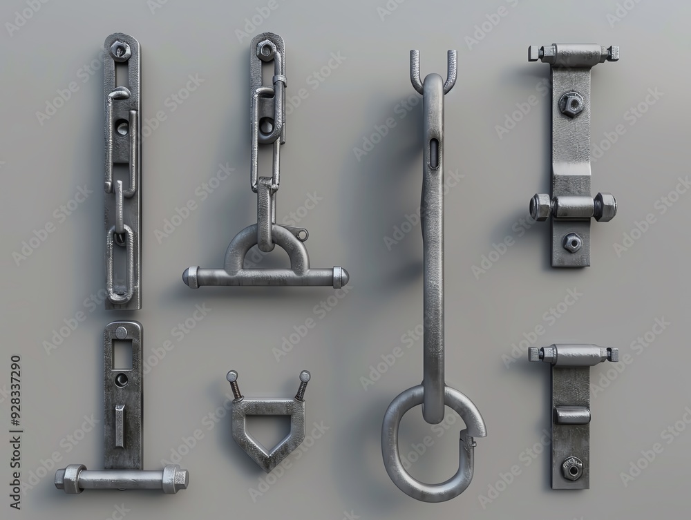 Realistic 3D render of industrial clips and hooks Realistic 3D render of industrial clips and hooks