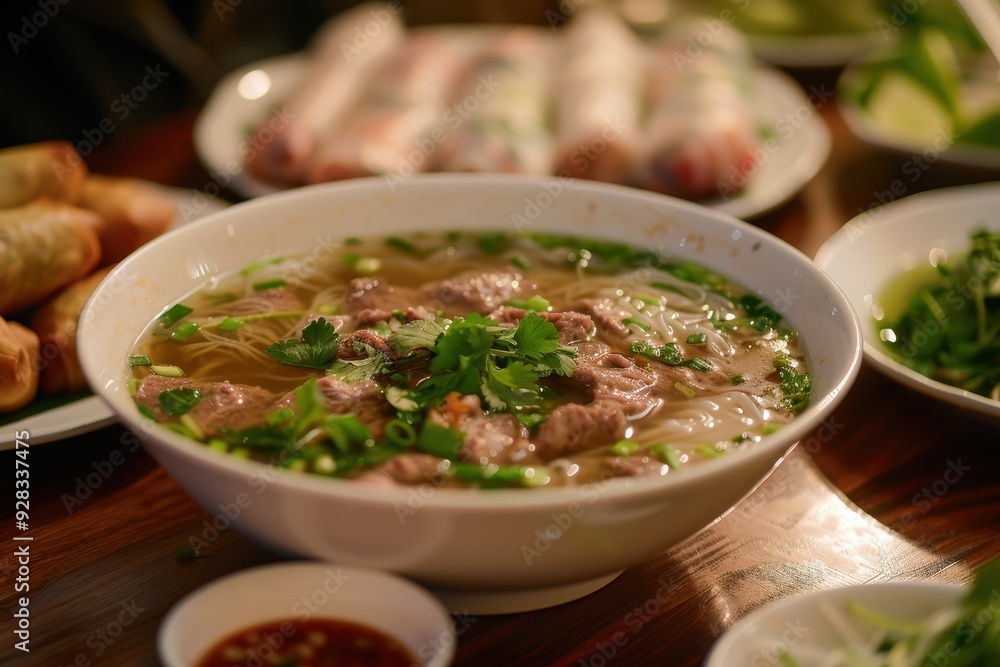 Beef pho in bowl with spring rolls and appetizers on table top Beef pho in bowl with spring rolls and appetizers on table top