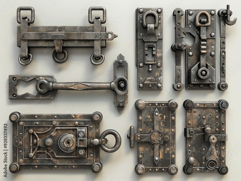 Obraz premium Realistic 3D render of industrial latches and locks